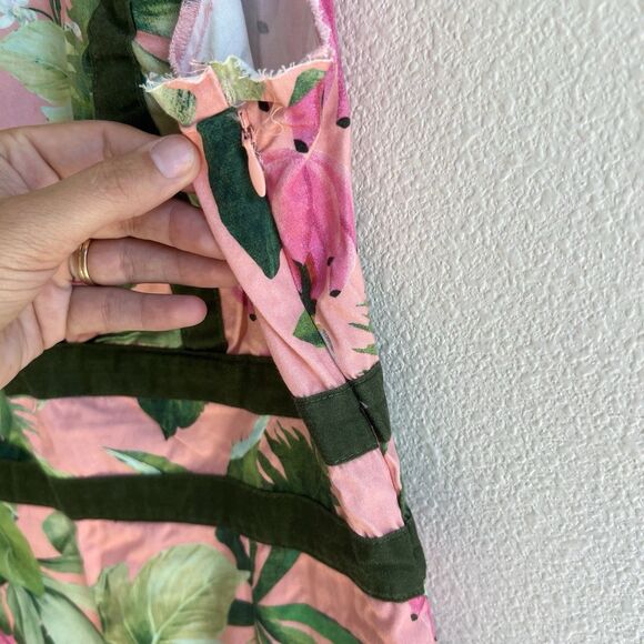 Farm Rio FLAWED Palm Jumpsuit Women’s M Pink Green Floral Wide Leg Deep V - Picture 9 of 14